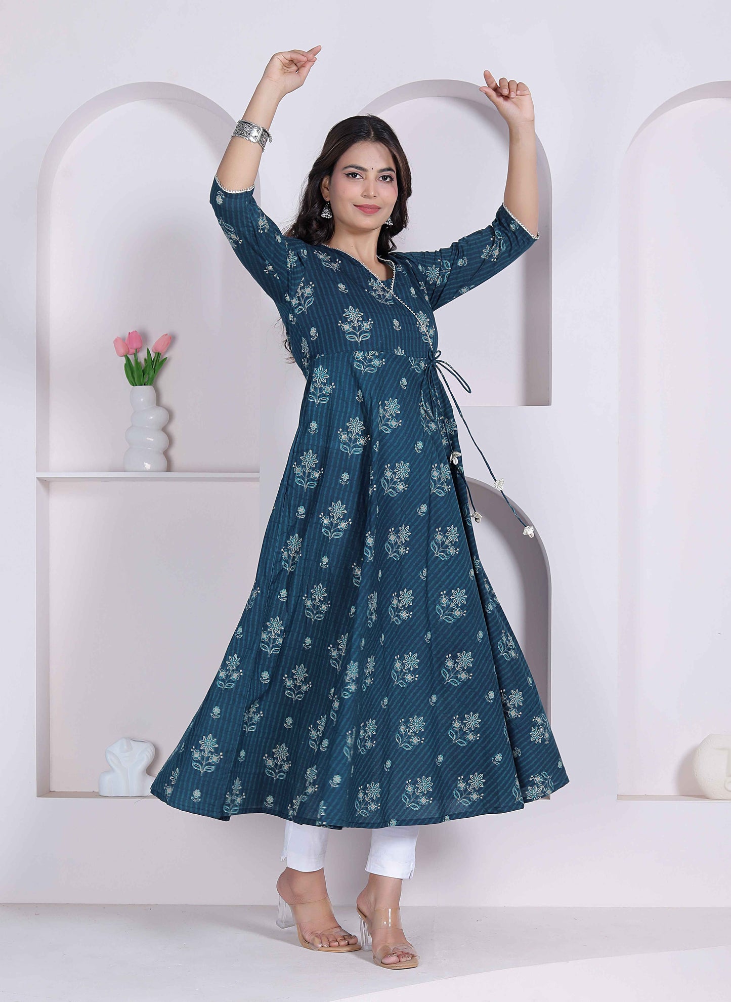 Miravan Womens blue Ethnic Motifs Printed V-Neck  Cotton Angrakha Kurta