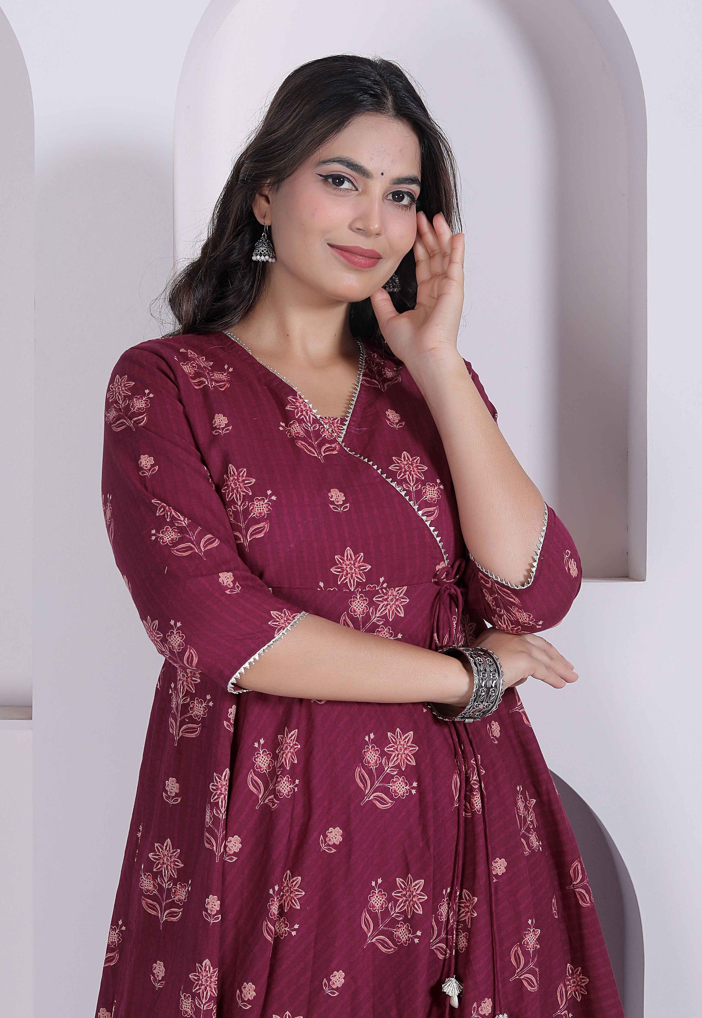 Miravan Womens Maroon floral Printed Angrakha style Kurta
