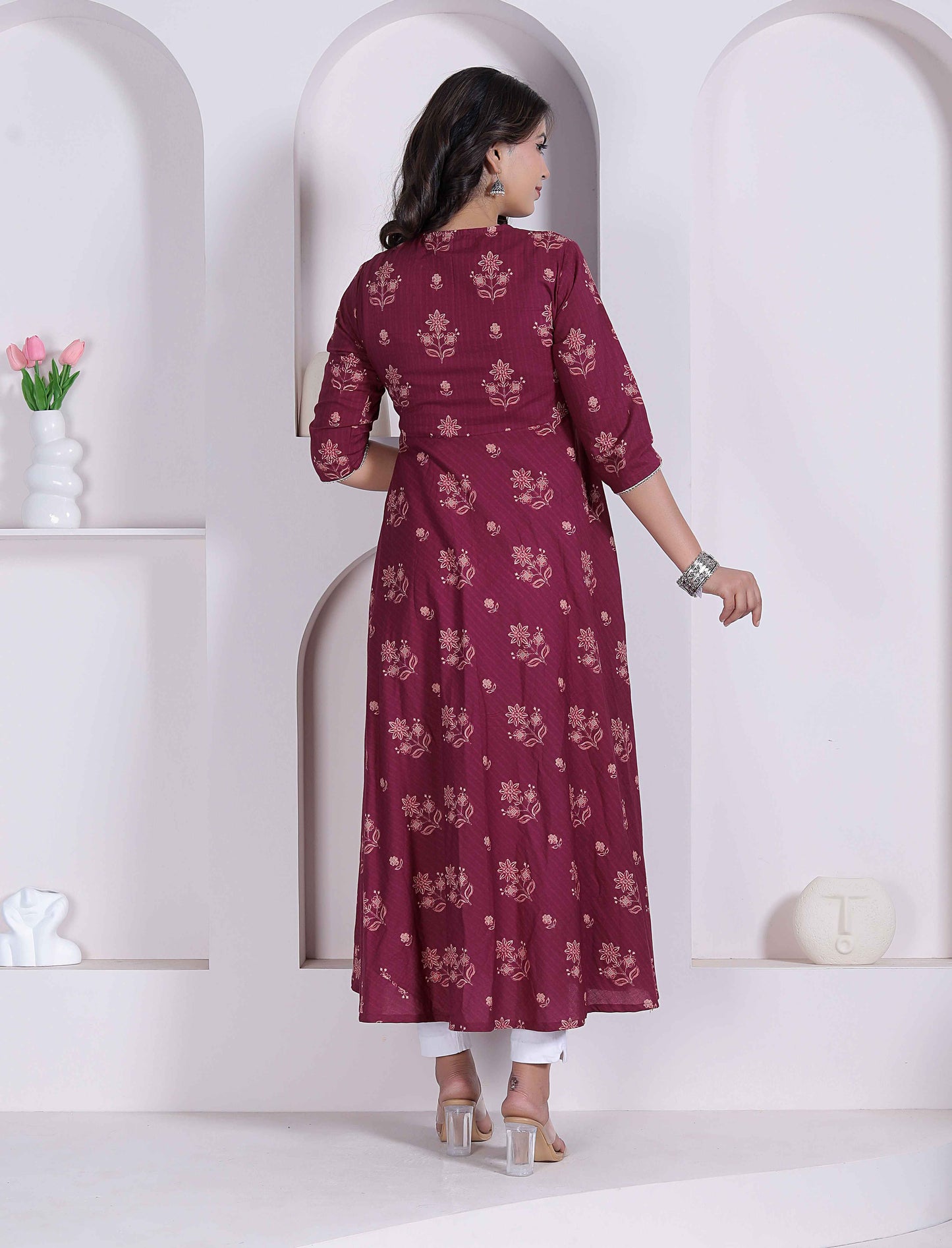 Miravan Womens Maroon floral Printed Angrakha style Kurta