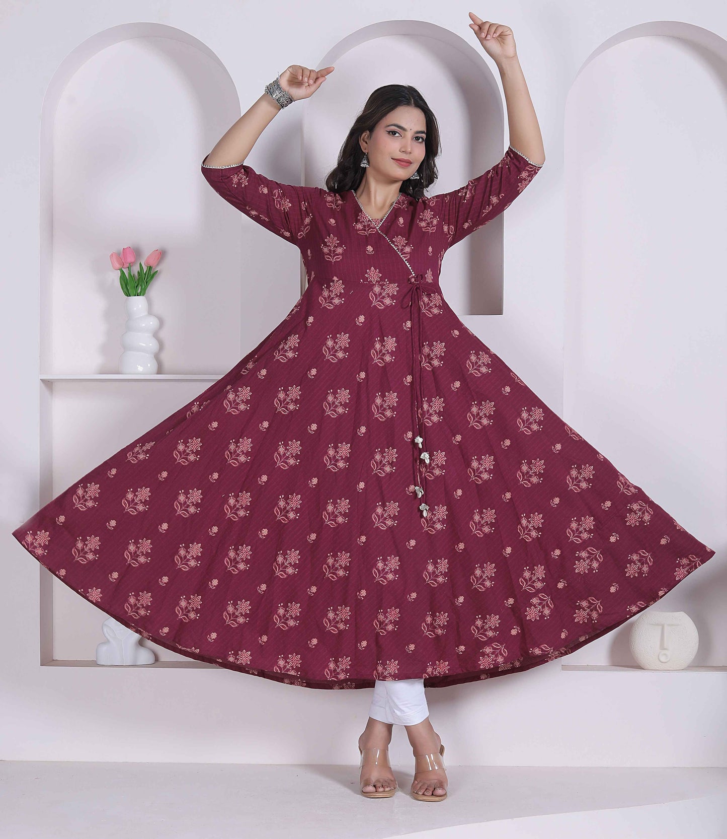 Miravan Womens Maroon floral Printed Angrakha style Kurta