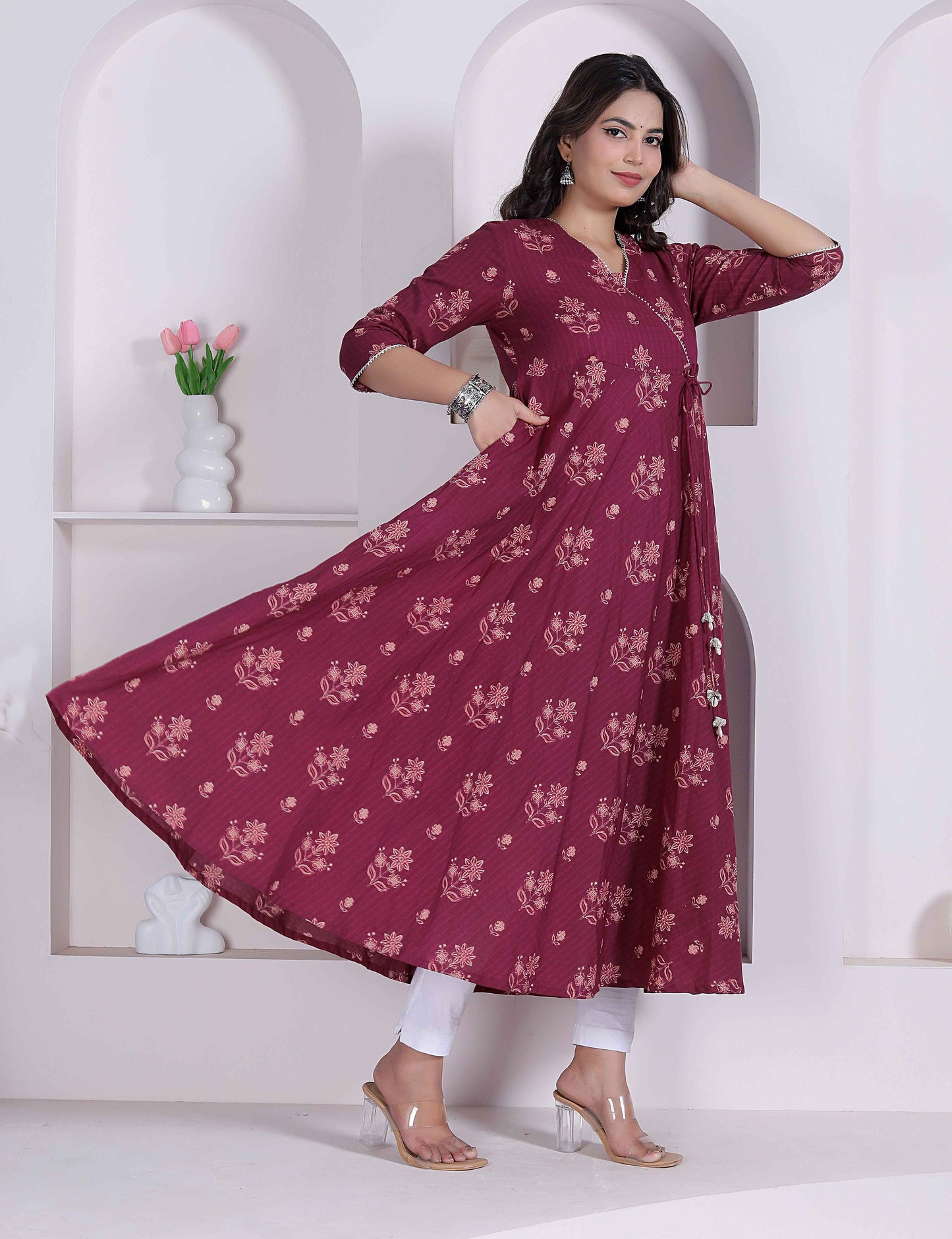 Miravan Womens Maroon floral Printed Angrakha style Kurta