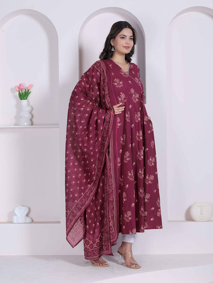 Miravan Womens Maroon Floral Printed Angrakha Pure Cotton Kurta and Dupatta