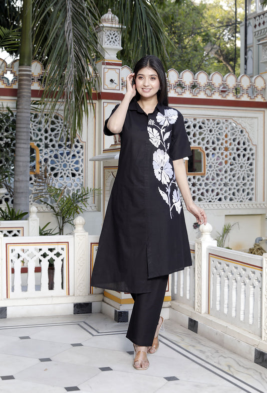 Miravan Womens Black Pure Cotton Floral Embroidered High Low Co-Ord Set