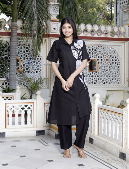 Miravan Womens Black Pure Cotton Floral Embroidered High Low Co-Ord Set