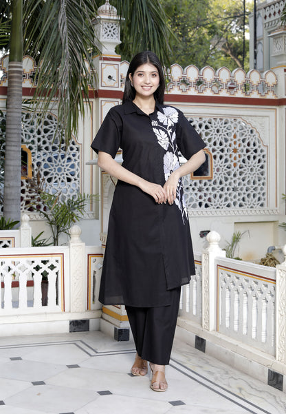 Miravan Womens Black Pure Cotton Floral Embroidered High Low Co-Ord Set