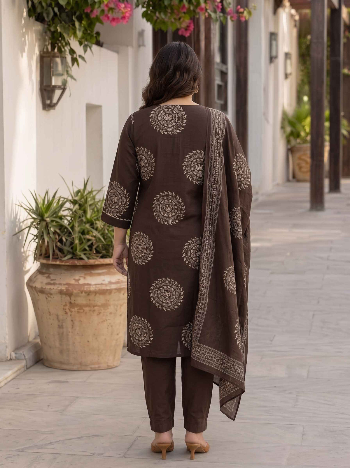 Miravan Womens Plus Size Animal Print Cotton Brown Stitched Kurta Palazzo With Dupatta set