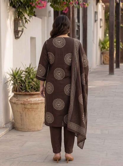Miravan Womens Plus Size Animal Print Cotton Brown Stitched Kurta Palazzo With Dupatta set
