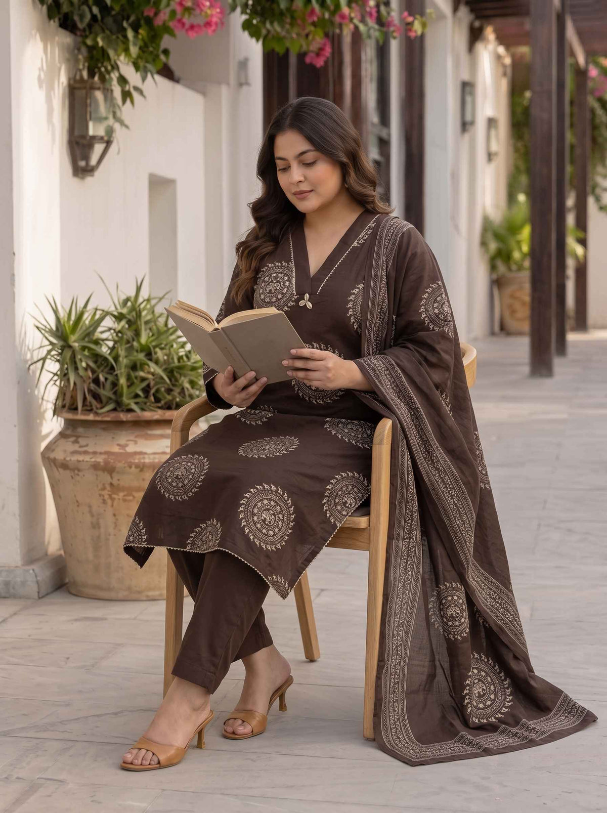 Miravan Womens Plus Size Animal Print Cotton Brown Stitched Kurta Palazzo With Dupatta set