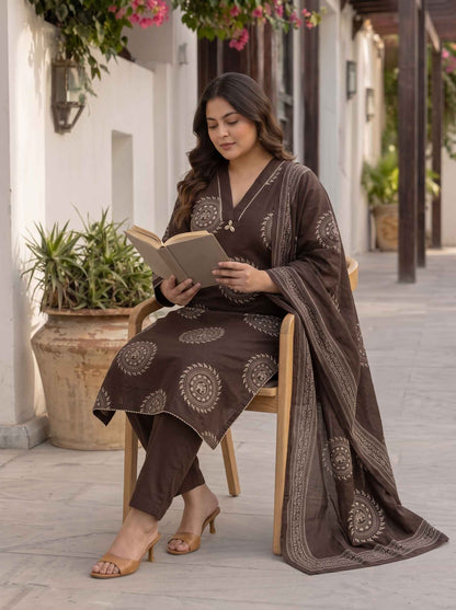 Miravan Womens Plus Size Animal Print Cotton Brown Stitched Kurta Palazzo With Dupatta set
