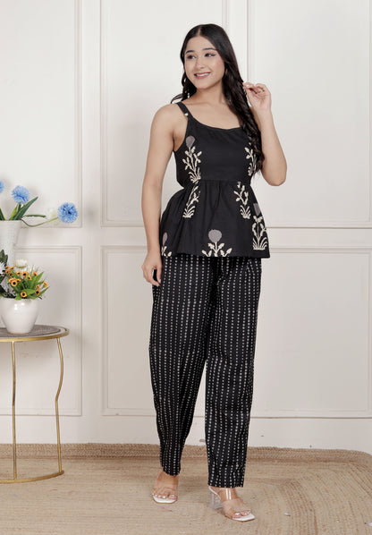 Miravan Womens Floral Printed Black pure cotton Kurti with Palazzo