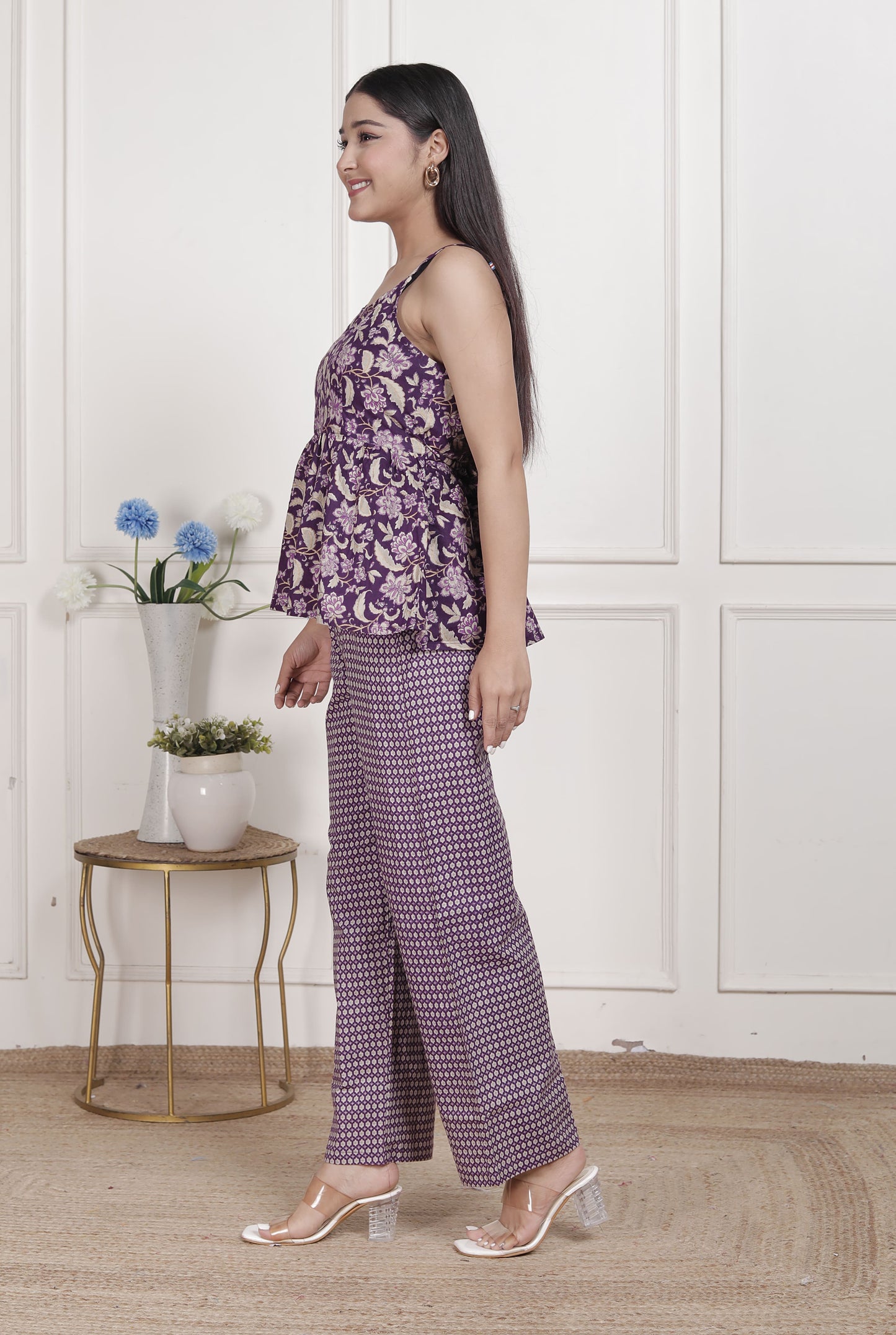 Miravan Womens Purple Round Neck Cotton Pleated Kurti & Palazzo Set