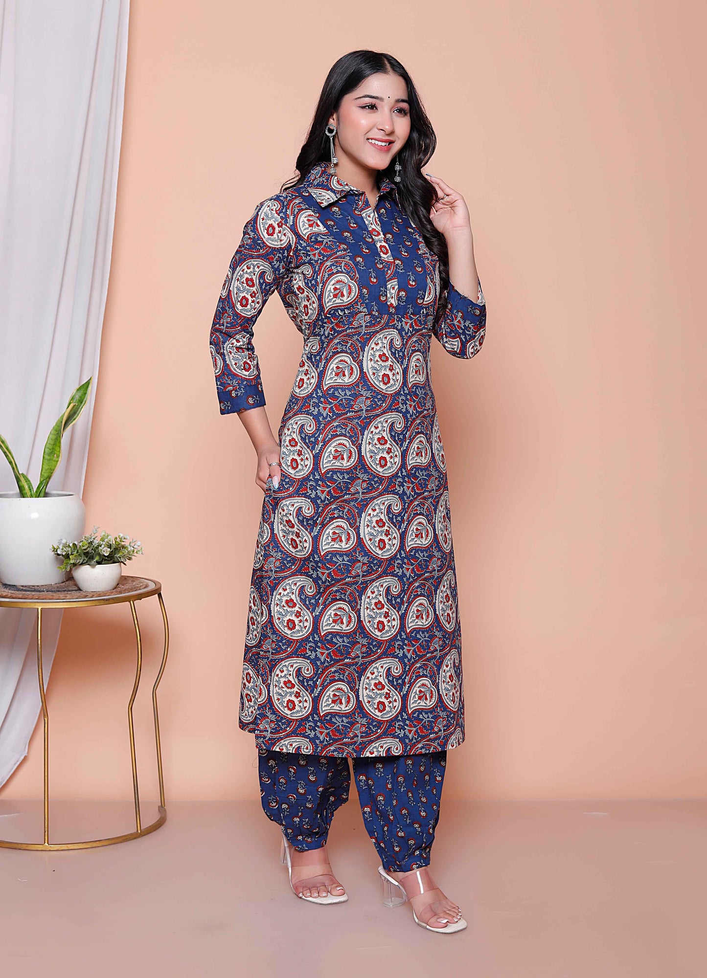 Miravan Womens Cotton Floral Printed Shirt-Collar Co-ord Set