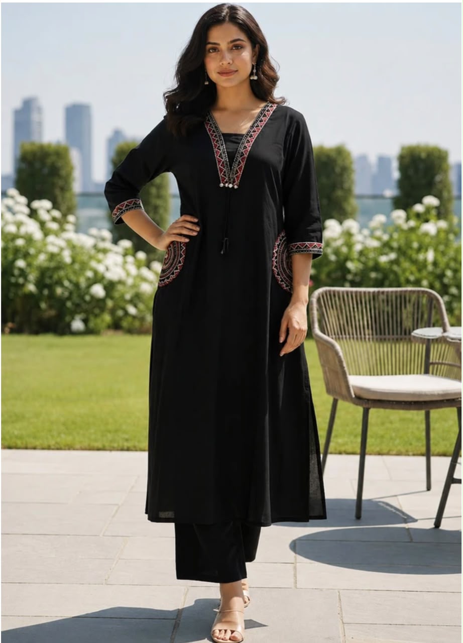 Miravan Elegant Black Embroidered Kurta Palazzo Set for Women