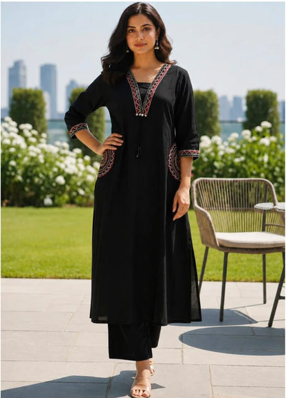Miravan Elegant Black Embroidered Kurta Palazzo Set for Women