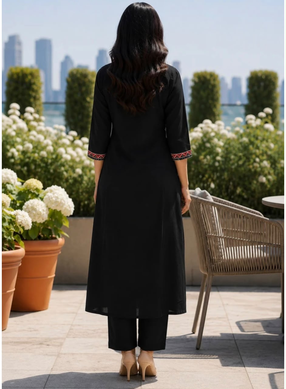 Miravan Elegant Black Embroidered Kurta Palazzo Set for Women