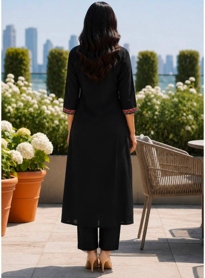 Miravan Elegant Black Embroidered Kurta Palazzo Set for Women