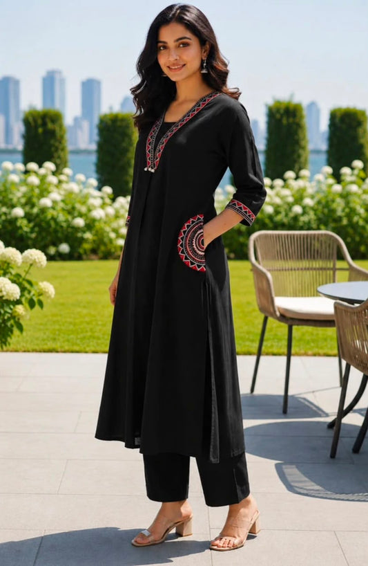 Miravan Elegant Black Embroidered Kurta Palazzo Set for Women