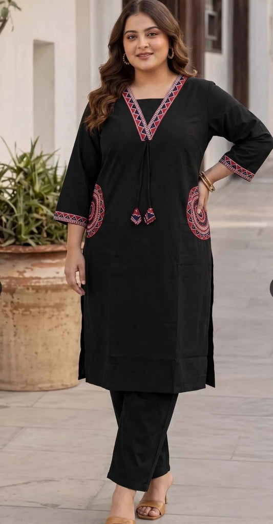 Miravan Plus Size Elegant Black Embroidered Kurta Palazzo Set for Women