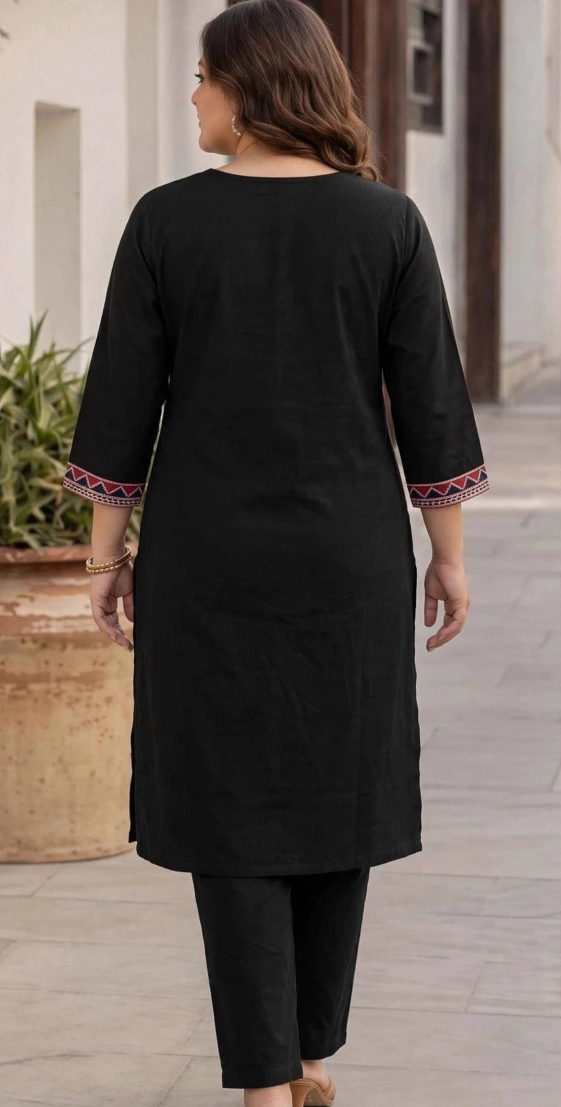 Miravan Plus Size Elegant Black Embroidered Kurta Palazzo Set for Women