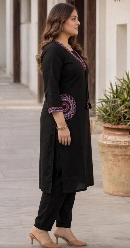 Miravan Plus Size Elegant Black Embroidered Kurta Palazzo Set for Women