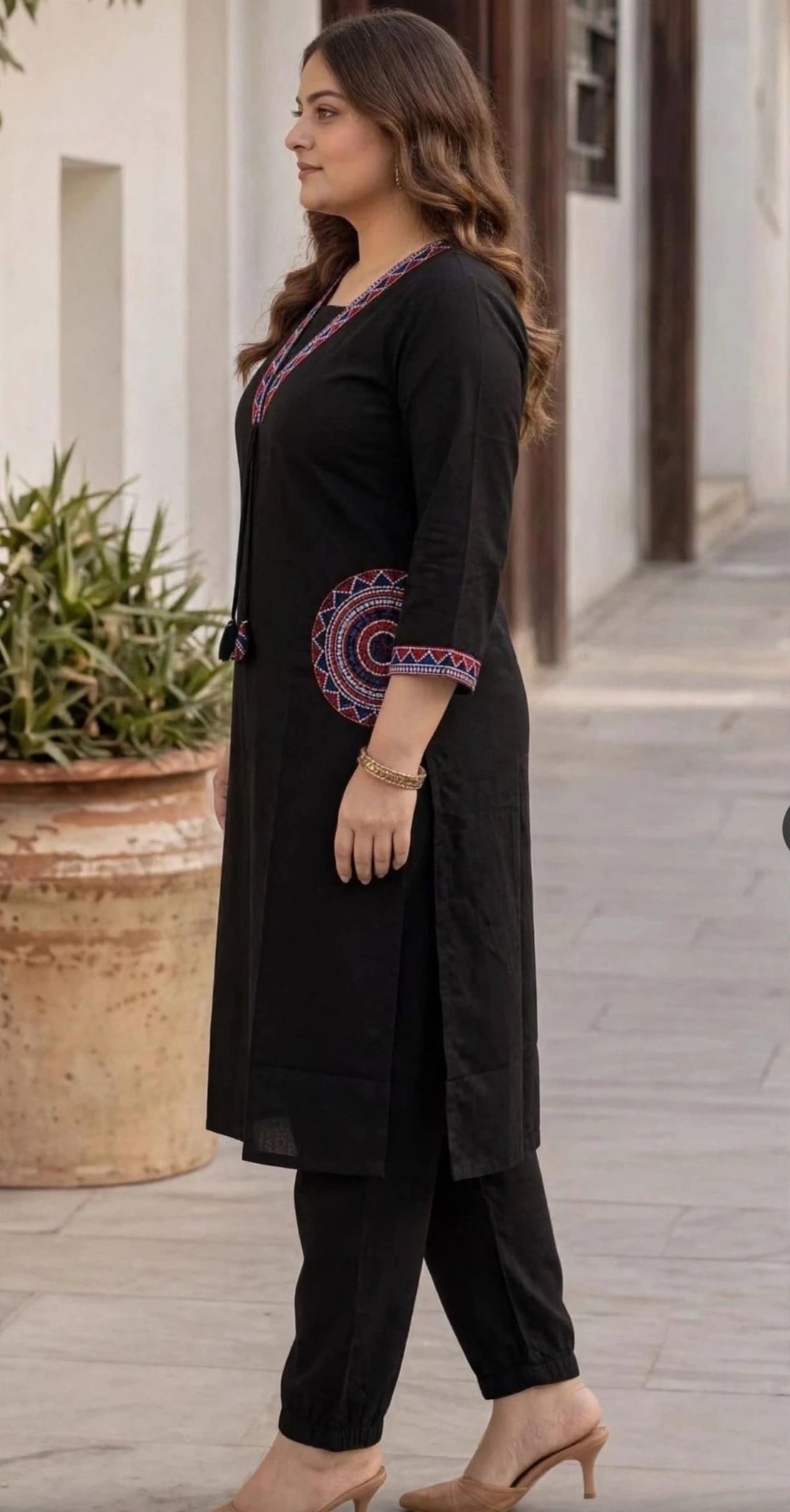 Miravan Plus Size Elegant Black Embroidered Kurta Palazzo Set for Women