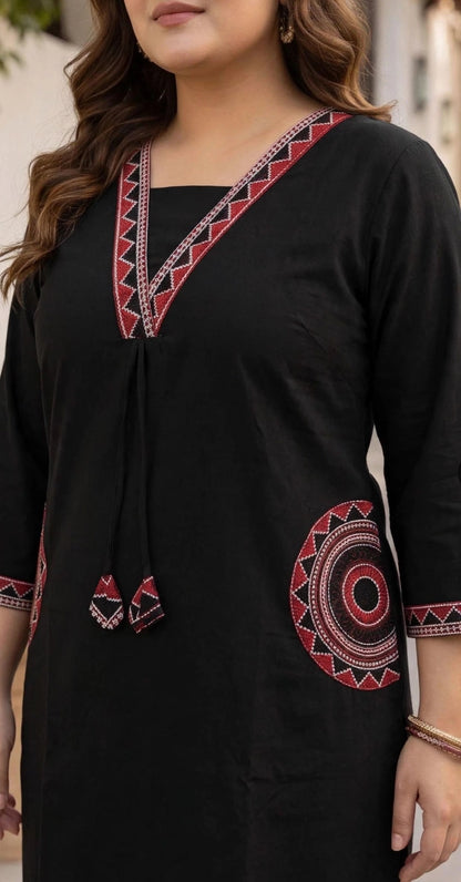 Miravan Plus Size Elegant Black Embroidered Kurta Palazzo Set for Women