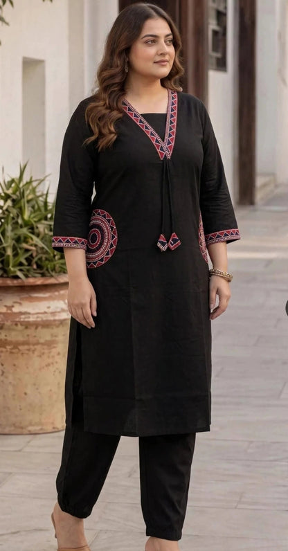 Miravan Plus Size Elegant Black Embroidered Kurta Palazzo Set for Women