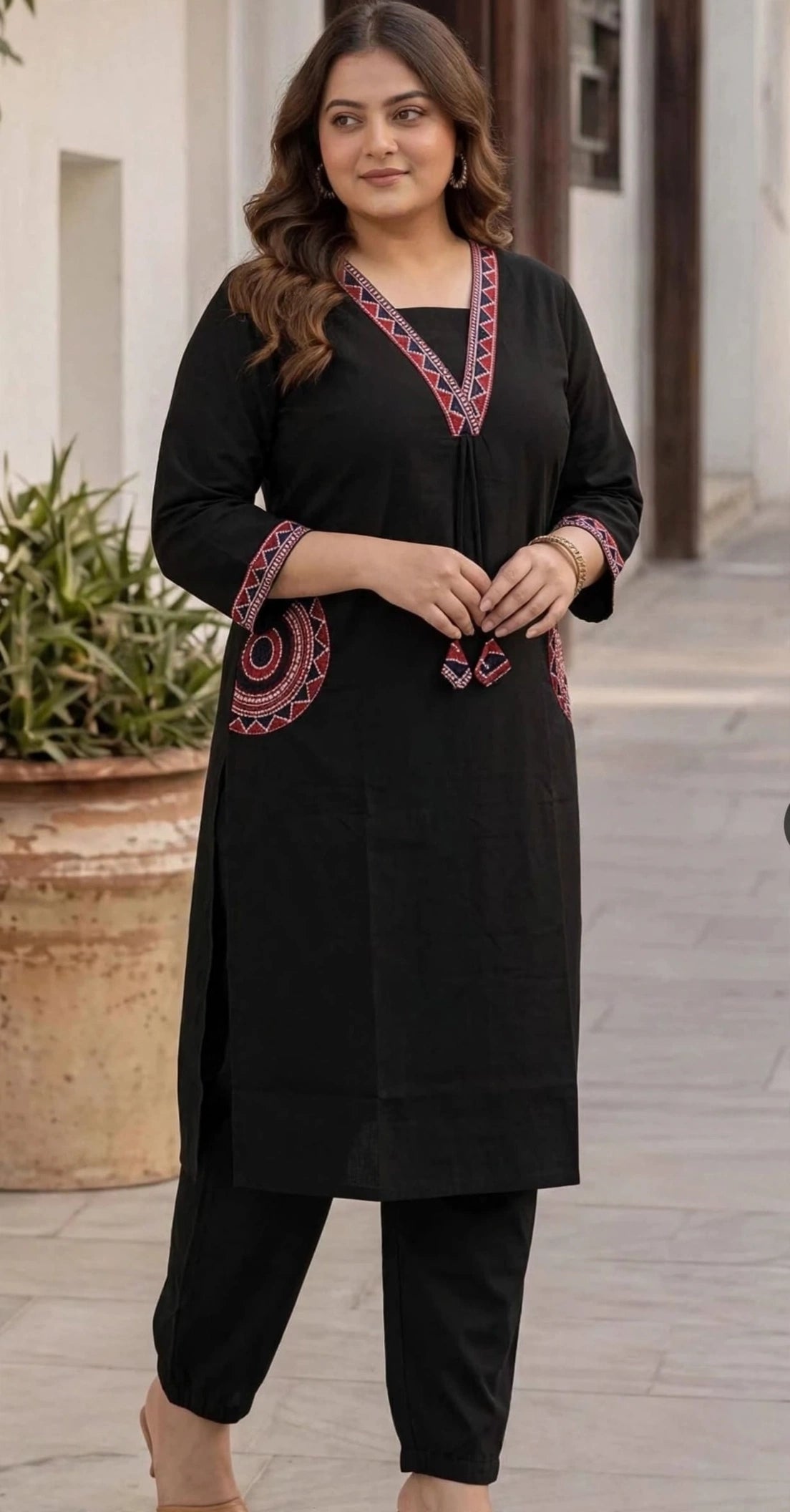 Miravan Plus Size Elegant Black Embroidered Kurta Palazzo Set for Women
