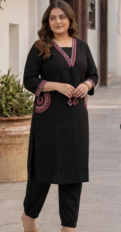 Miravan Plus Size Elegant Black Embroidered Kurta Palazzo Set for Women