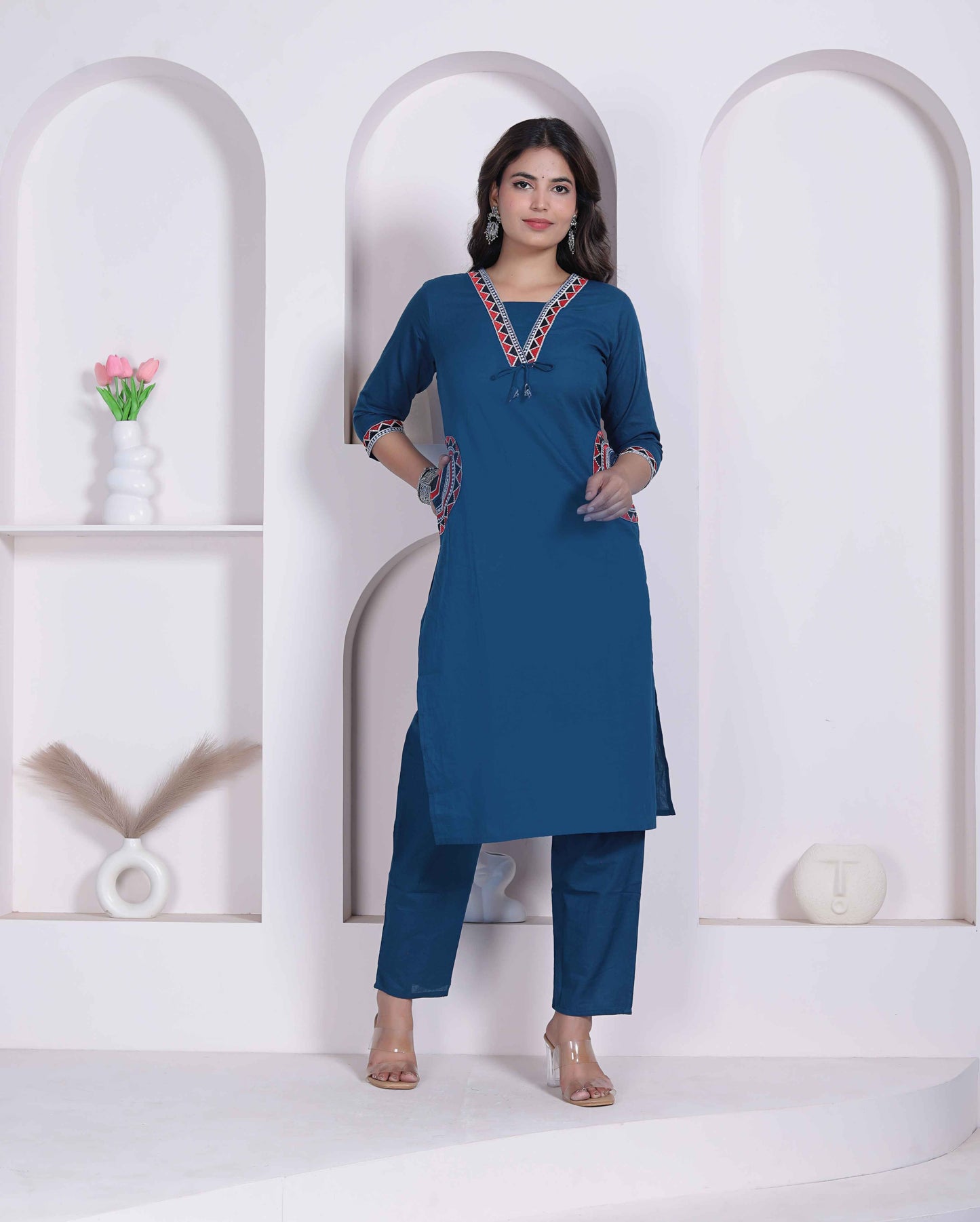 Miravan Womens Blue Straight Kurta with Palazzo Set
