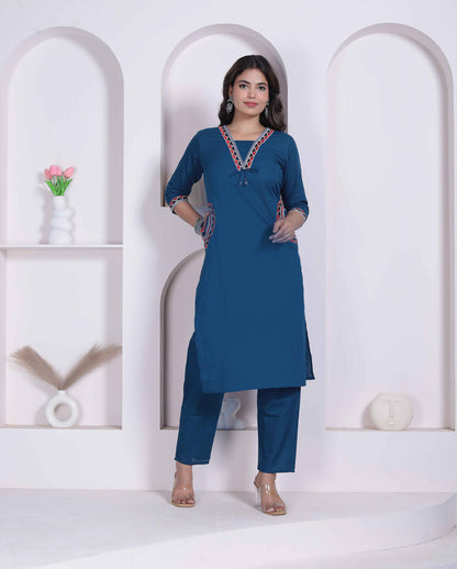 Miravan Womens Blue Straight Kurta with Palazzo Set