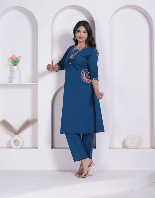 Miravan Womens Blue Straight Kurta with Palazzo Set