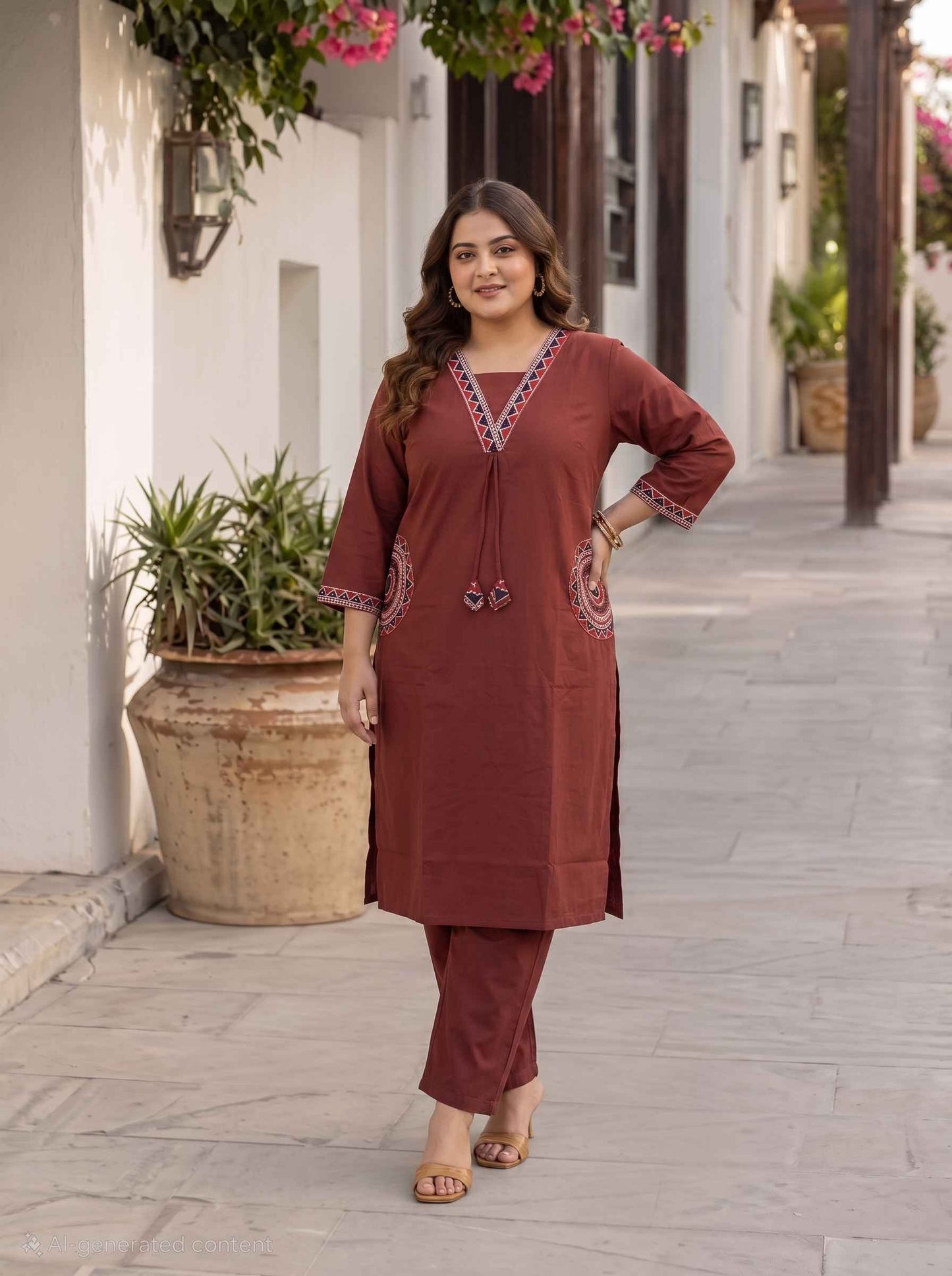Miravan  Womens Plus Size Brown Straight Kurta Set.