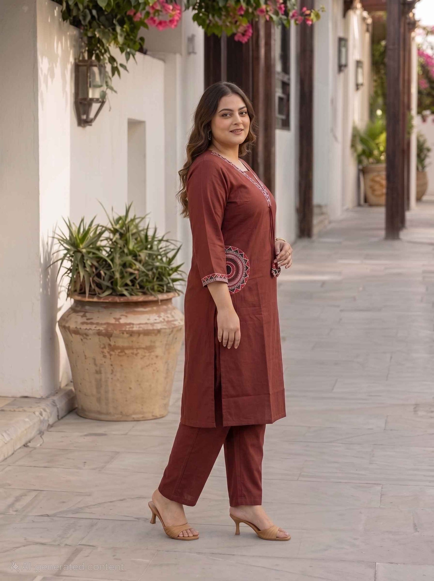 Miravan  Womens Plus Size Brown Straight Kurta Set.