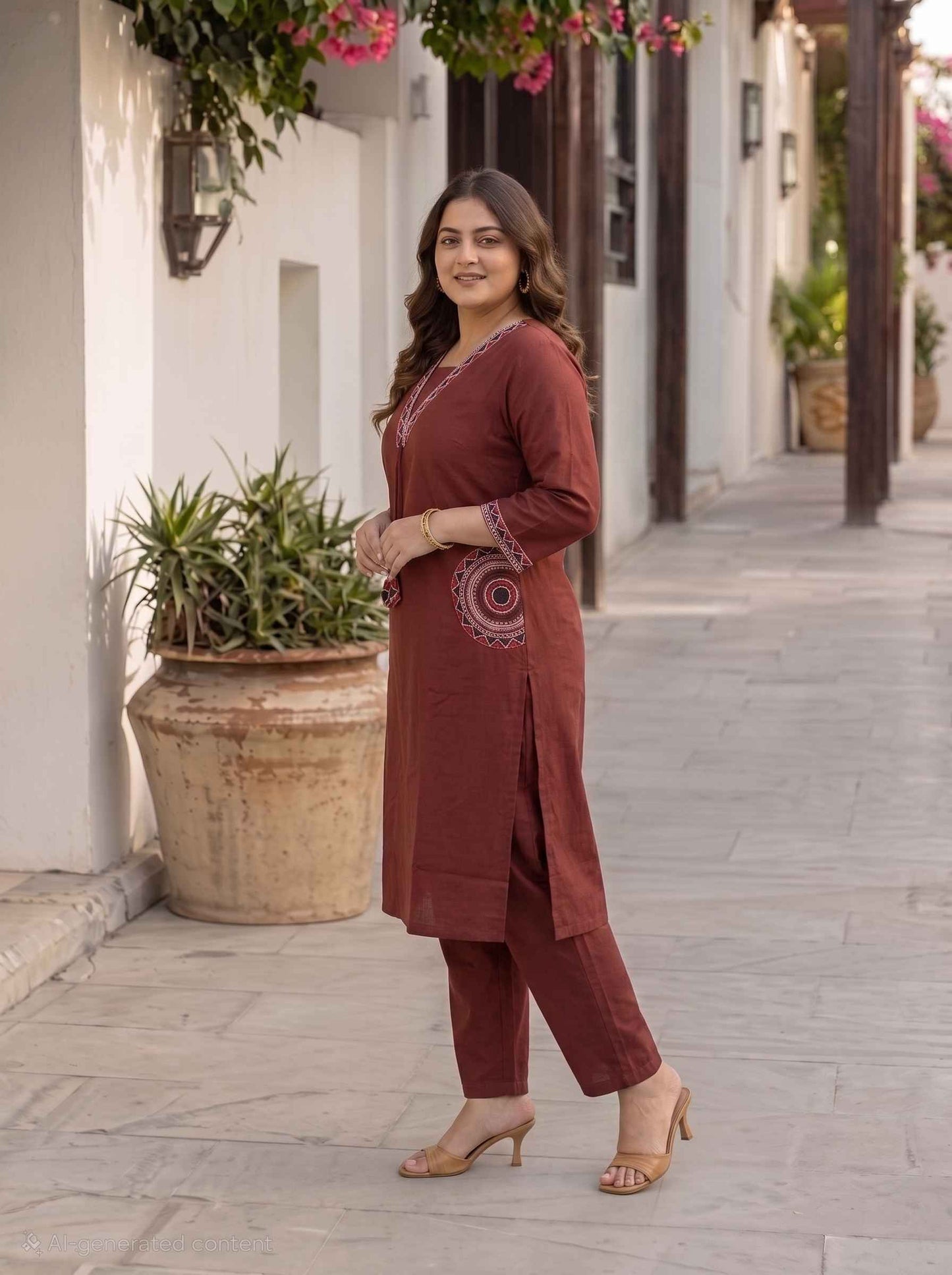 Miravan  Womens Plus Size Brown Straight Kurta Set.