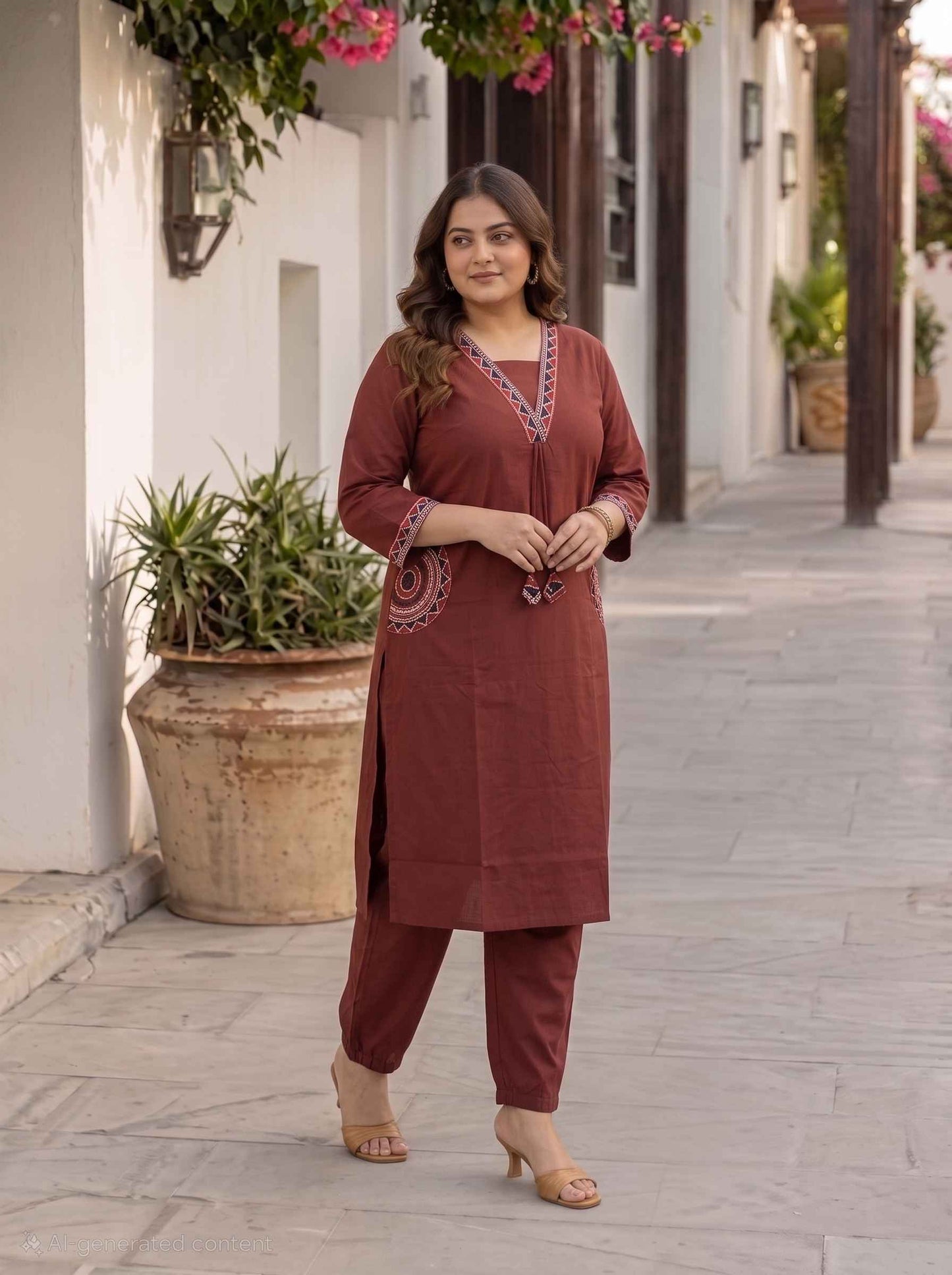 Miravan  Womens Plus Size Brown Straight Kurta Set.