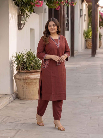 Miravan  Womens Plus Size Brown Straight Kurta Set.