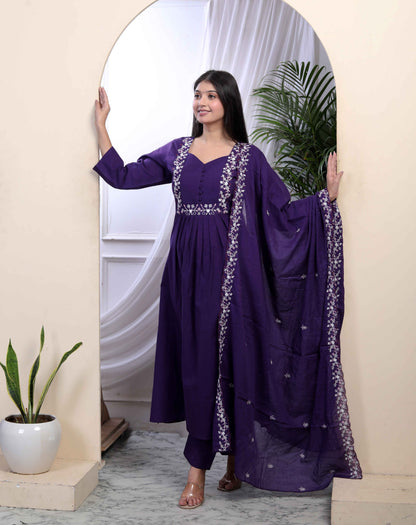 Women's Cotton Purple A-Line Kurta With Embroidered Neck And Palazzo With Embroidered Dupatta Set - Miravan