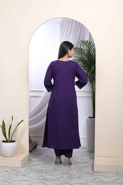 Women's Cotton Purple A-Line Kurta With Embroidered Neck And Palazzo With Embroidered Dupatta Set - Miravan