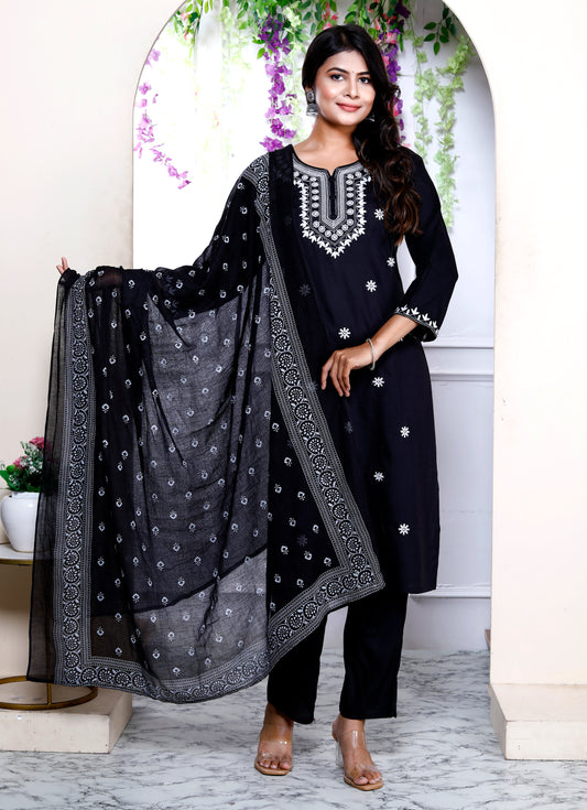 Miravan Womens Black Embroidery Straight Kurta with Palazzo and Dupatta