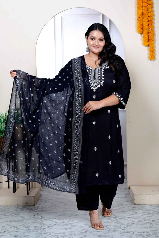 Miravan Womenns Plus Size Black Embroidery Straight Kurta with Palazzo and Dupatta Set