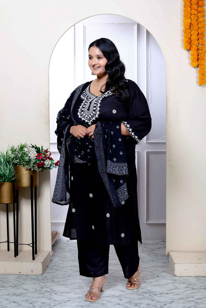 Miravan Womenns Plus Size Black Embroidery Straight Kurta with Palazzo and Dupatta Set