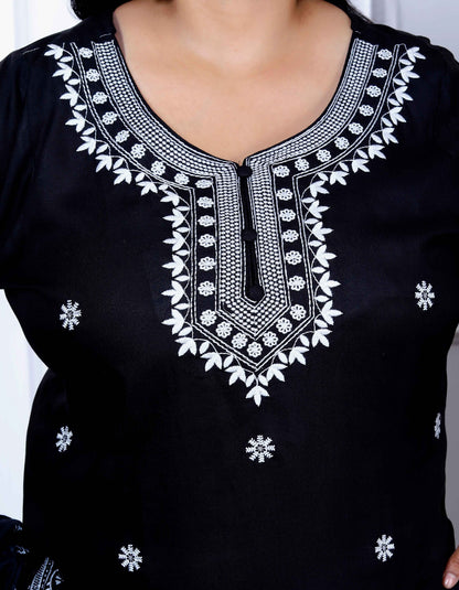 Miravan Womenns Plus Size Black Embroidery Straight Kurta with Palazzo and Dupatta Set
