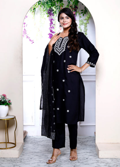 Miravan Womens Black Embroidery Straight Kurta with Palazzo and Dupatta
