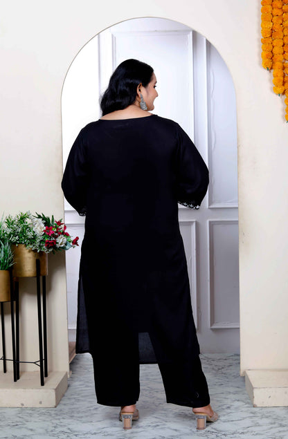 Miravan Womenns Plus Size Black Embroidery Straight Kurta with Palazzo and Dupatta Set