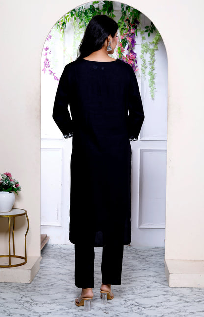 Miravan Womens Black Embroidery Straight Kurta with Palazzo and Dupatta