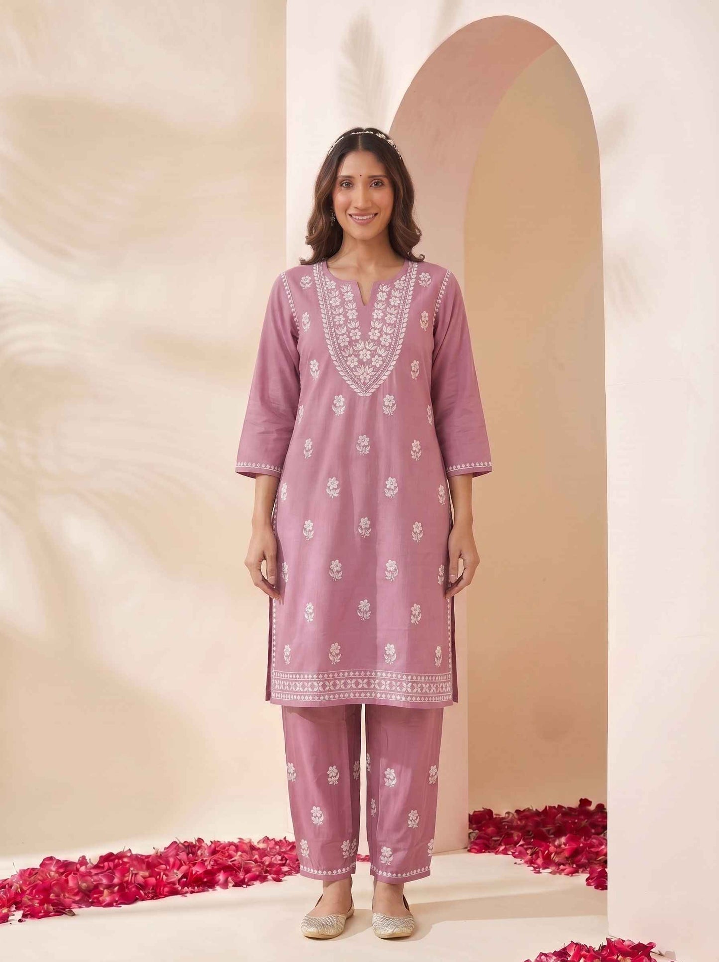 Miravan  Womens Chikankari Embroidery Pink Straight Kurta And Palazzo Set