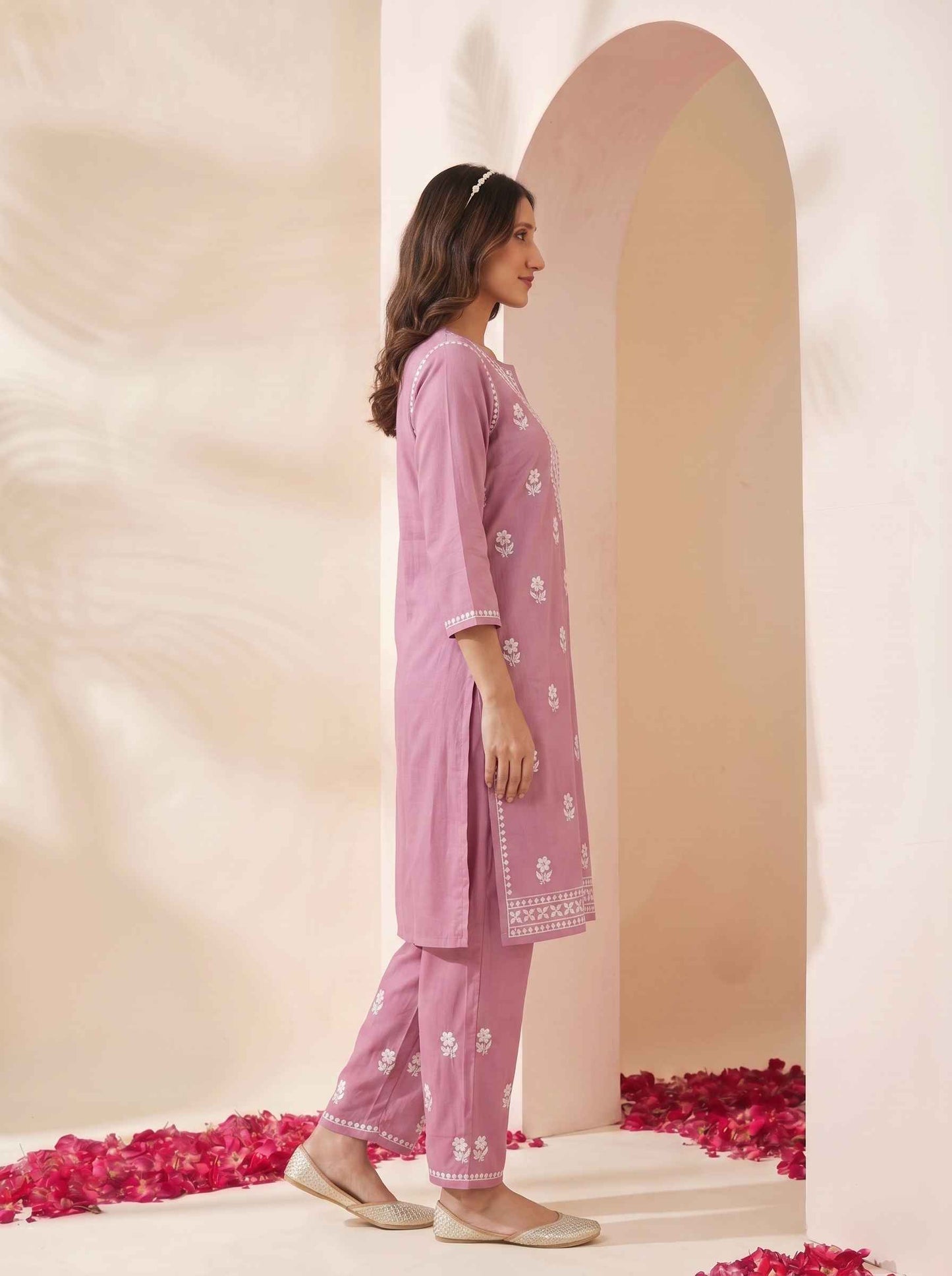 Miravan  Womens Chikankari Embroidery Pink Straight Kurta And Palazzo Set