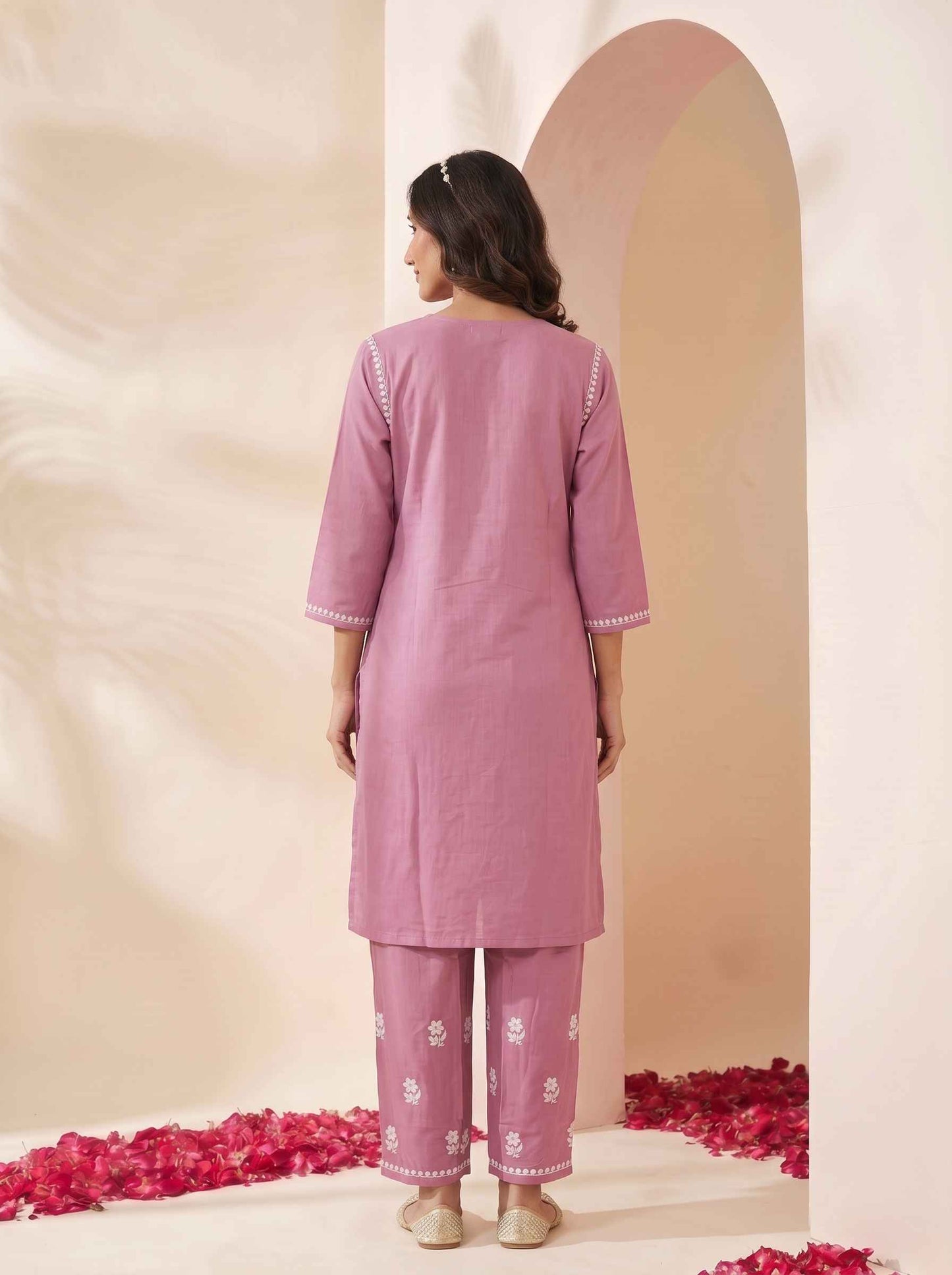 Miravan  Womens Chikankari Embroidery Pink Straight Kurta And Palazzo Set