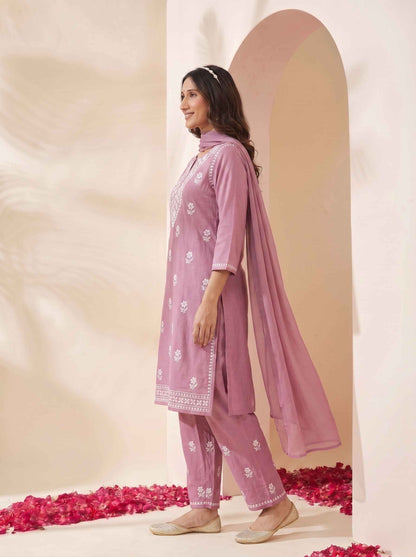 Miravan Womens Chikankari Embroidery Pink Straight Kurta And Palazzo With Dupatta Set
